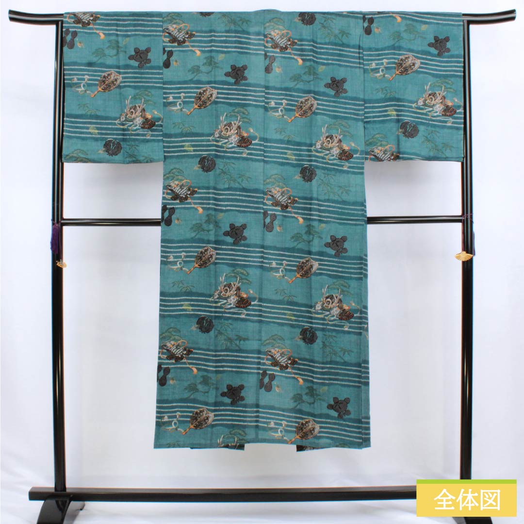 Men's wool nagajuban (long under-kimono), S-rank, length 138cm, sleeve length 65.5cm, indigo brown (aito-chairo) color, with a helmet, pine, and bamboo motifs, single-layer, blue-based design, product number 1140000742317