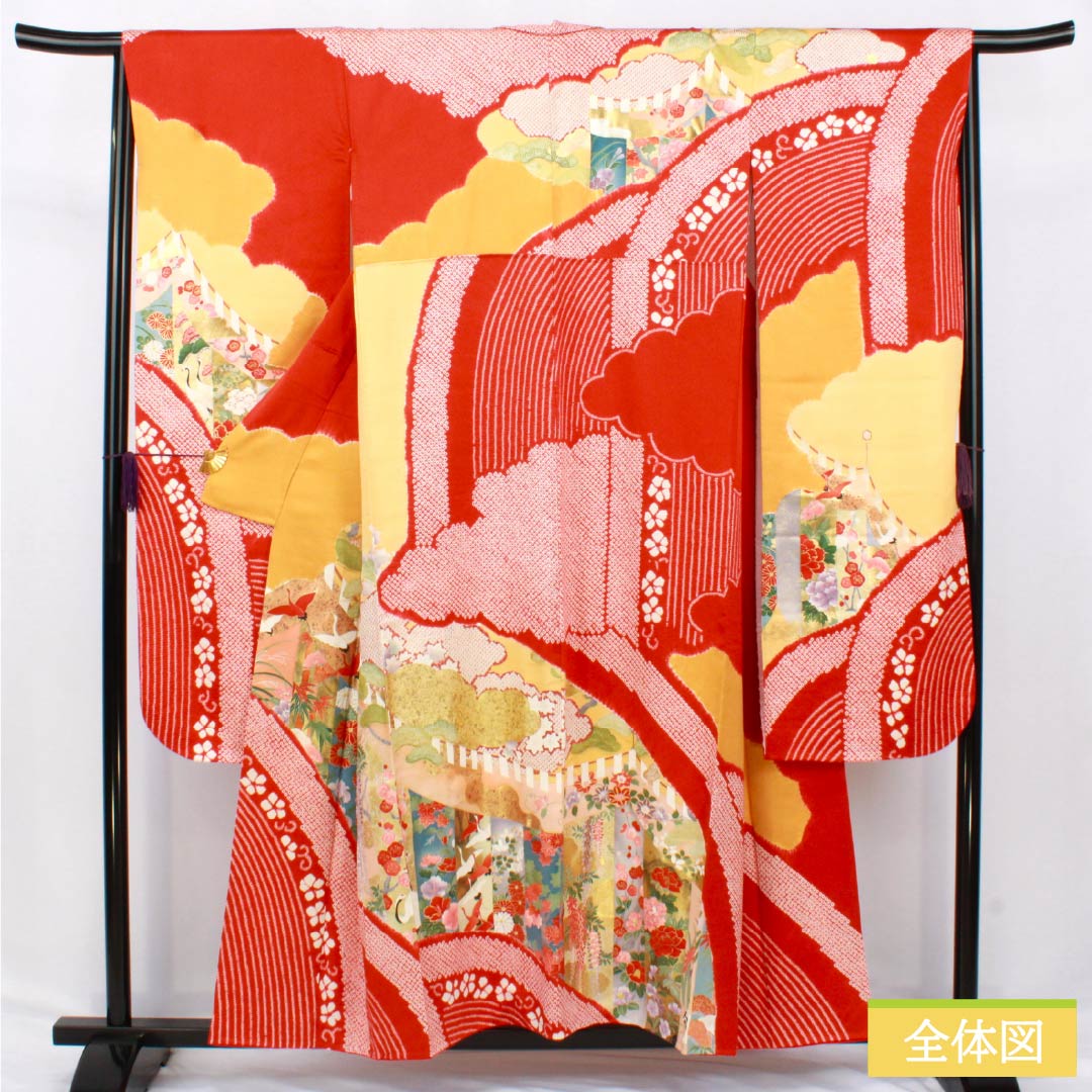 振袖 正絹 Sランク 身丈152cm 裄丈61cm 袷 緋色（ひいろ） 京友禅 吉祥文様 鶴 梅 松 赤系 1113002182212