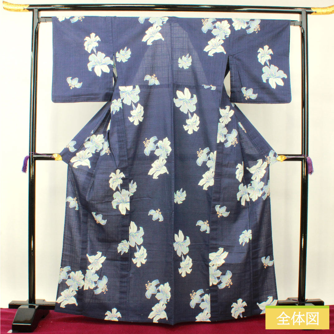 浴衣 木綿 身丈166cm 裄丈64.5cm Sランク 単衣 紺系 燻色（ふすべいろ） カサブランカ 1118005142518