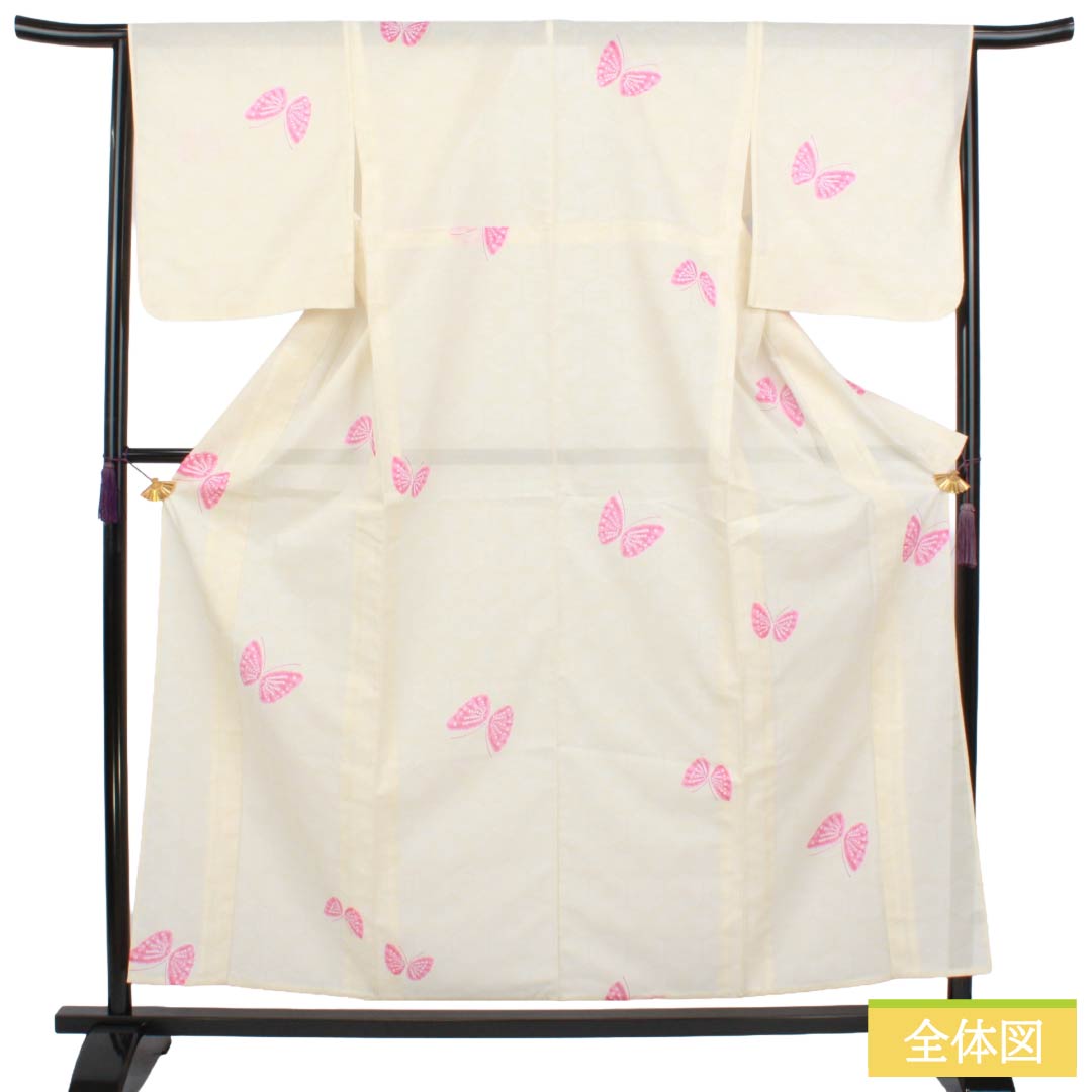 夏物 ポリエステル 小紋 Aランク 身丈158.5cm 裄丈66cm 乳白色（にゅうはくしょく） 蝶 亀甲 絽 クリーム系 1132004543315