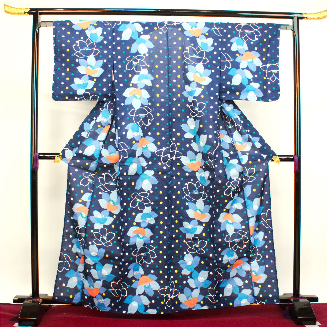 浴衣 MICHIKOLONDON しつけ糸付き 未使用品 濃紺色 山茶花 木綿 Sランク 単衣 身丈163.5cm 裄丈65cm 紺系 1118002602418