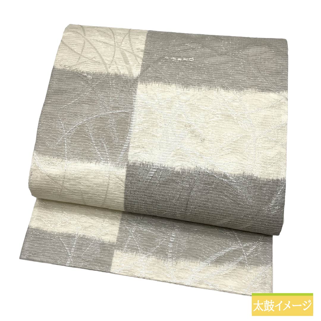 袋帯 正絹 Aランク 夏帯 市松 抽象模様 帯丈436cm 六通 セミフォーマル 白系 1123018253311