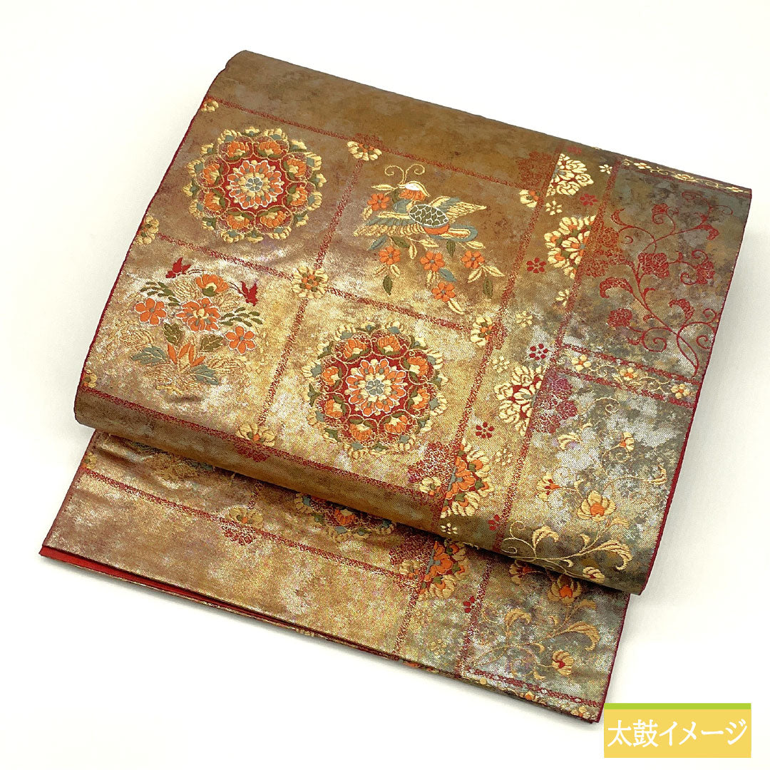 袋帯 正絹 Sランク 慶長柄 西陣織 格子取り 引箔  帯丈418cm 六通 フォーマル グラデーション系 1123016732399