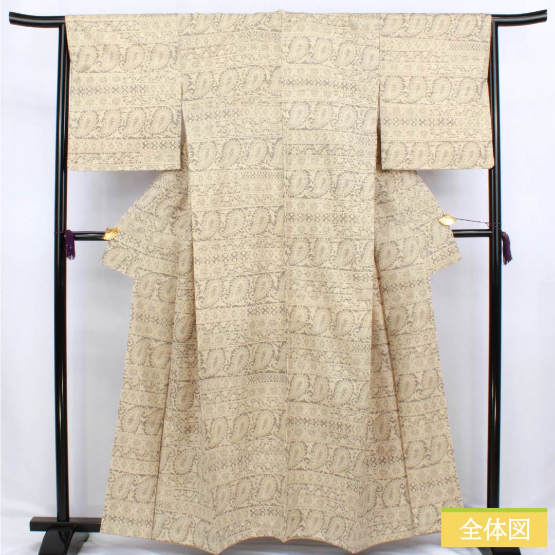 Komon silk S-rank kimono, length 160cm, sleeve length 65.5cm, lined, Tokyo white-brown (Tokyo shirachairo), paisley pattern, tsumugi fabric, silk guard, beige, product number 1115006772425