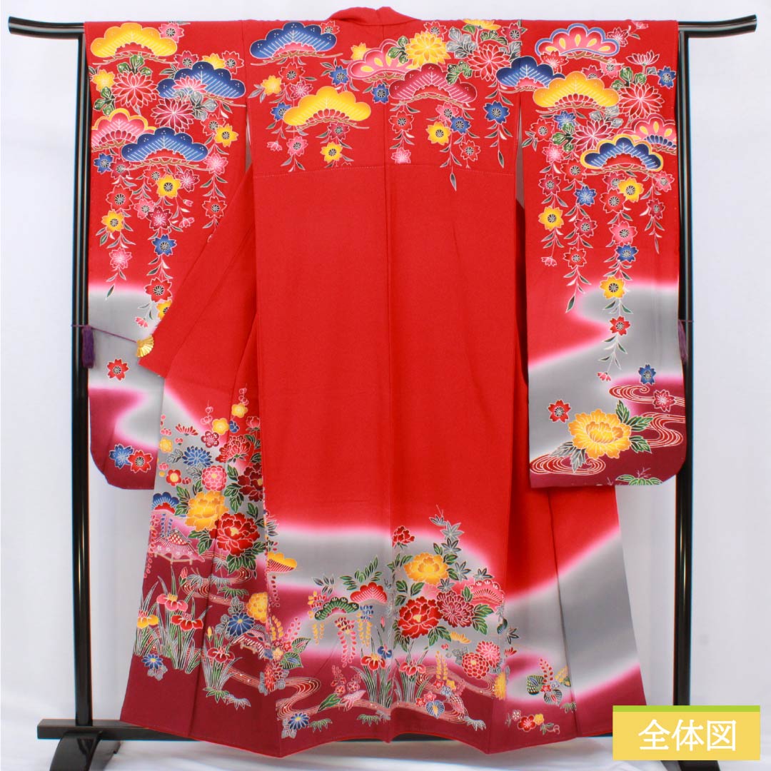 振袖 正絹 Sランク 身丈157.5cm 裄丈65.5cm 袷 紅赤色（べにあかいろ） 京紅型 吉祥文様 松 桜 赤系 1113002312312