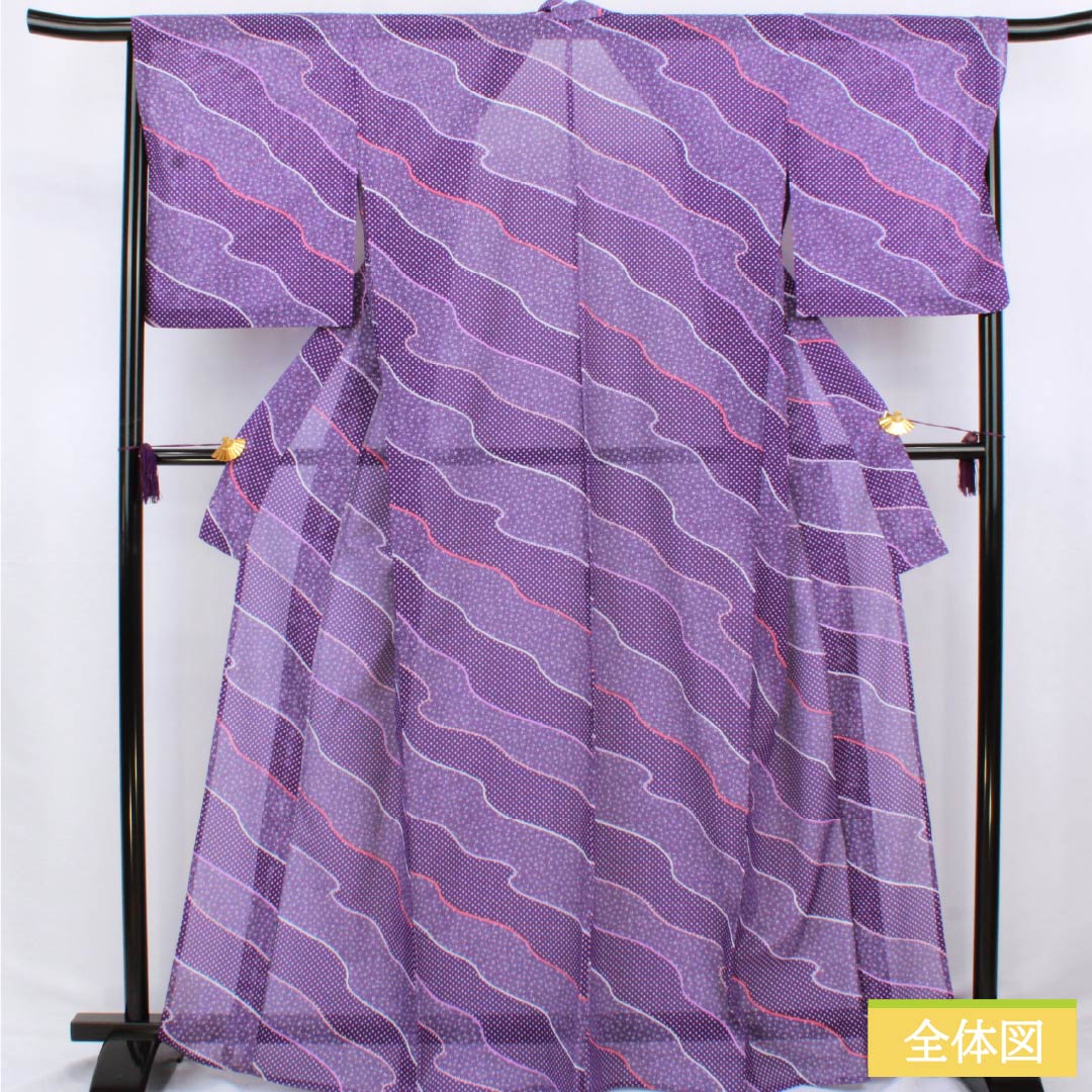 夏物 ポリエステル 小紋 身丈167.5cm 裄丈68.5cm 紫色（むらさきいろ） 小花模様 道長取り 洗える着物 絽 Sランク 紫系 1132002522520