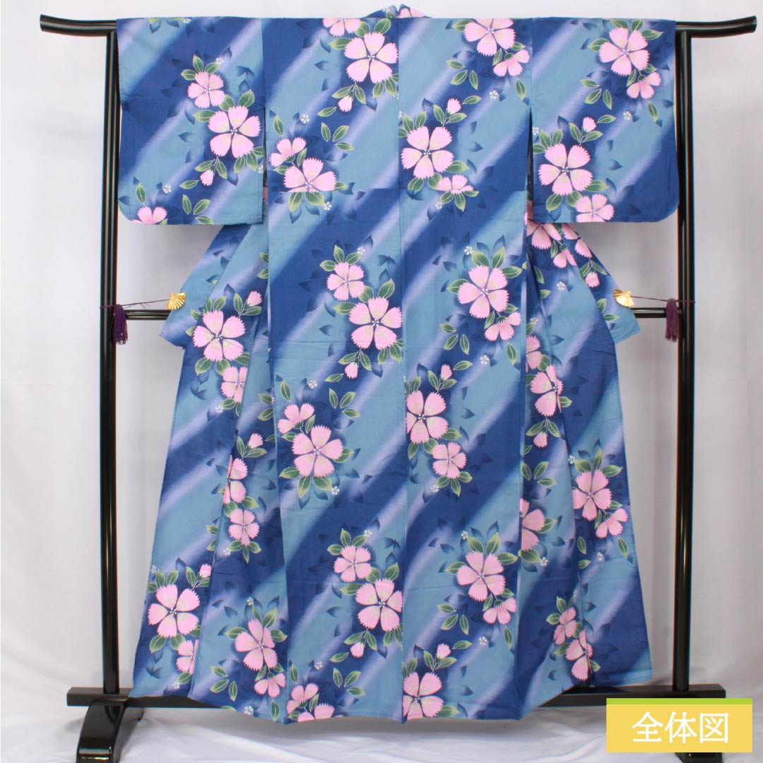 浴衣 木綿 身丈160cm 裄丈64.5cm Sランク 単衣 青系 紺瑠璃色（こんるりいろ） 勿忘草色（わすれなぐさいろ） 斜め縞 撫子 1118006232417