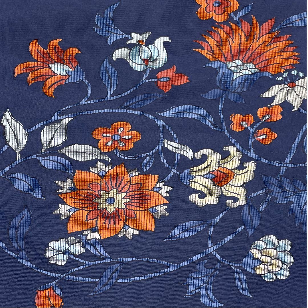 名古屋帯 紺色 唐花模様 帯丈356cm 正絹 Aランク ポイント柄 カジュアル 紺系 1124003033318  名古屋仕立て