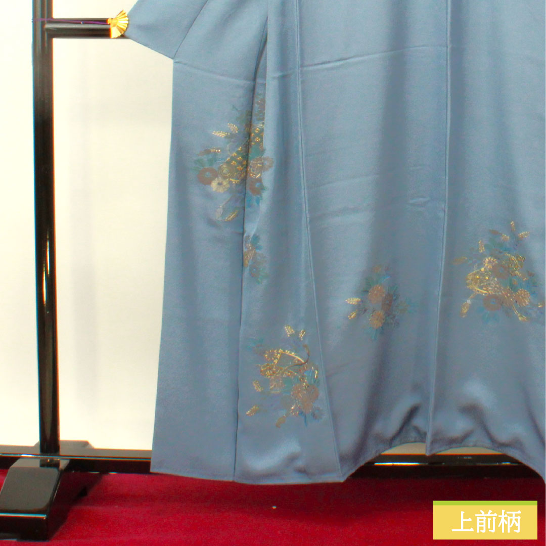 訪問着 正絹 袷 身丈158cm 裄丈63cm 薄花色（うすはないろ） 刺繍 草花模様 Aランク 青系 1112004693317