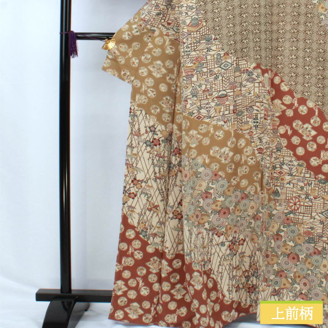 訪問着 正絹 Aランク 袷 身丈164cm 裄丈68cm 胡桃色（くるみいろ） 京紅型 吉祥文様 割付文様 古典柄 しつけ糸付き ベージュ系 1112006713425