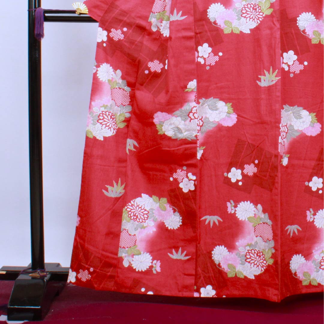 浴衣 蘇芳色 梅 牡丹 菊 木綿 Sランク 単衣 身丈163.5cm 裄丈67cm 朱系 1118004242416