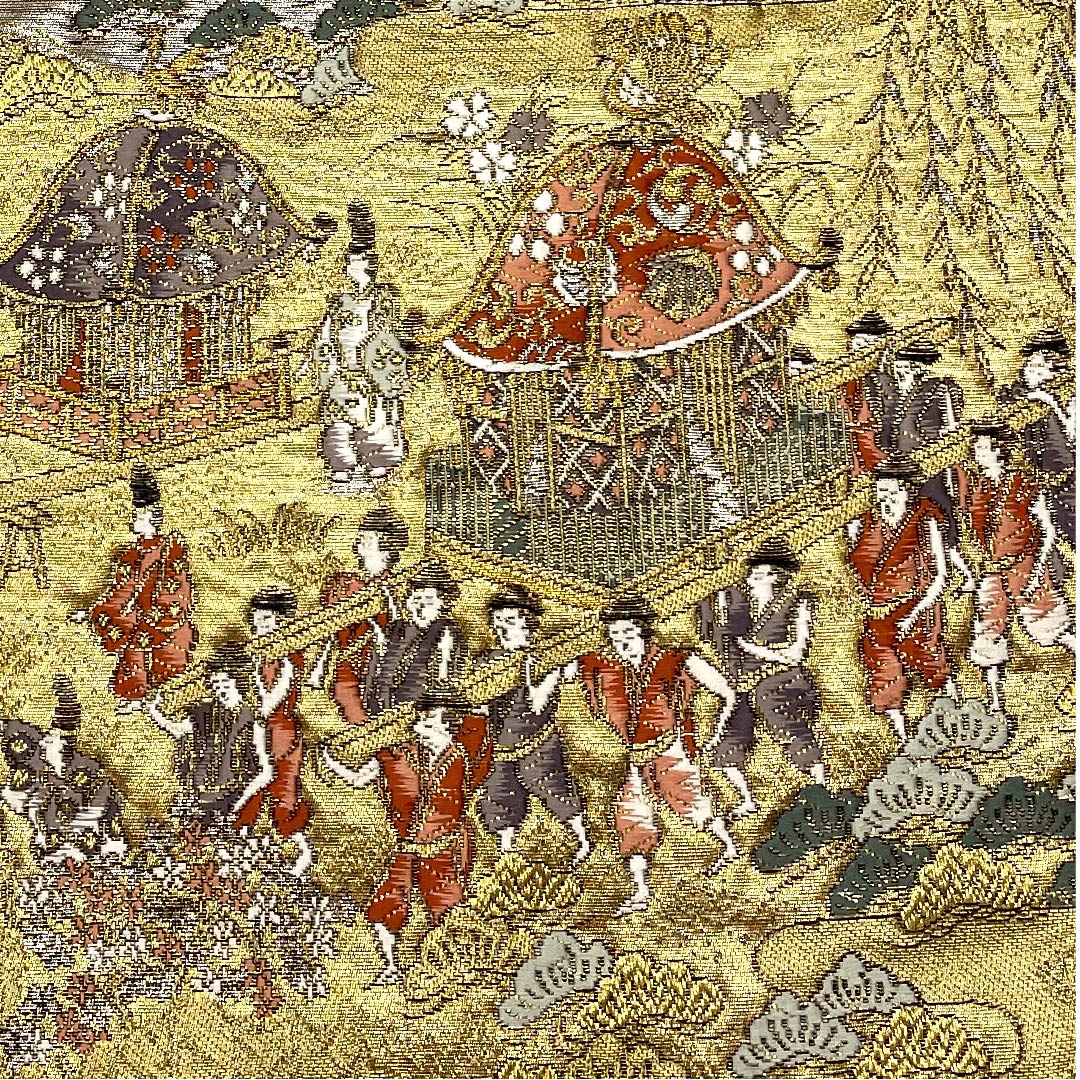 袋帯 金色 時代人物 時代風景 花模様 帯丈432cm 正絹 Aランク 六通 フォーマル 金系 1123006053321