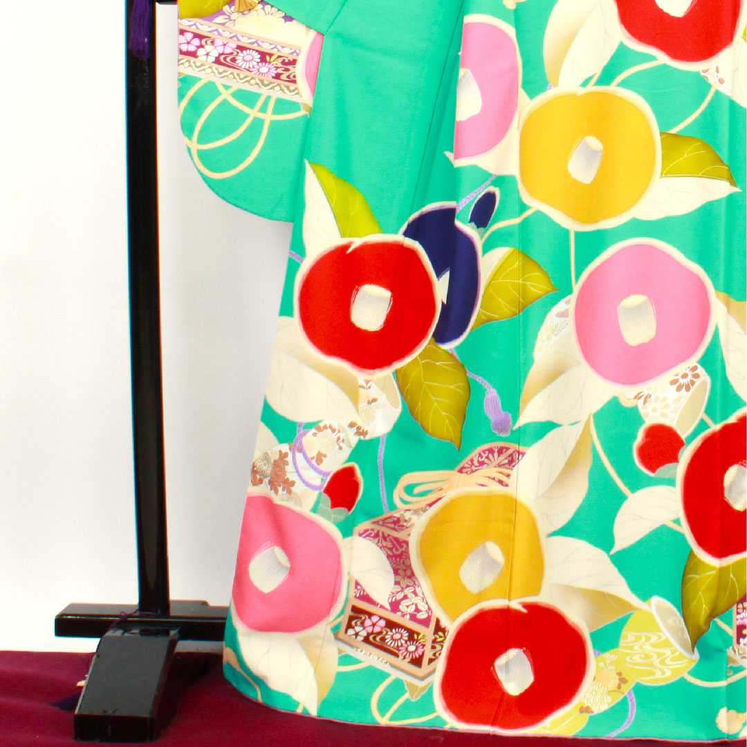 振袖 身丈176cm 裄丈70cm 袷  花緑青色 洗える着物 椿  ポリ Sランク 青系 1113001402817