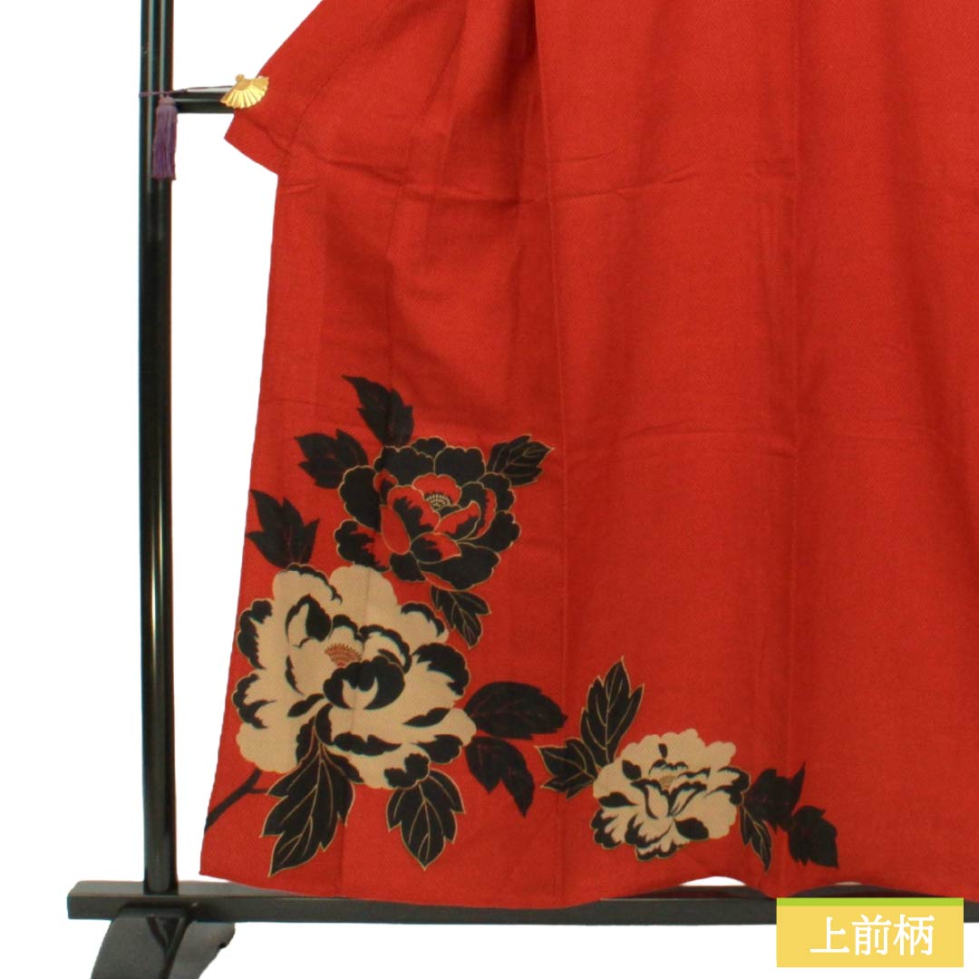浴衣 木綿 Sランク 身丈157cm 裄丈68cm 紅絹色（もみいろ） コシノジュンコ 蚊絣 牡丹 単衣 赤系 1118007352312