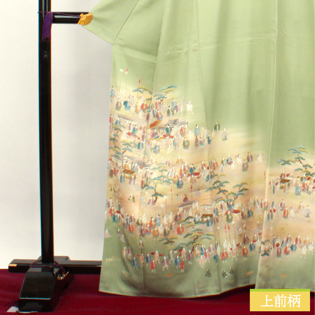 Colored Tomesode, pure silk, length 165cm, sleeve length 64.5cm, lined, ura-hairo (back leaf color), Kyo-Yuzen, Daimyo procession, plum blossom, one crest, with basting thread, unused, S rank, one crest, green, 1111001202519