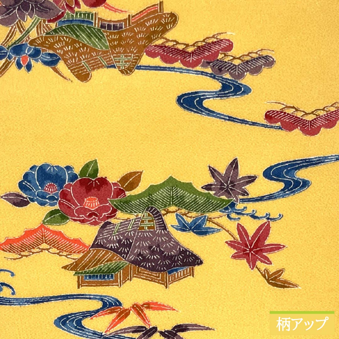 名古屋帯 正絹 Aランク 卵色（たまごいろ） ちりめん地 京紅型 三越ちりめん 帯丈347cm 全通 カジュアル 黄系 1124009193323 名古屋仕立て