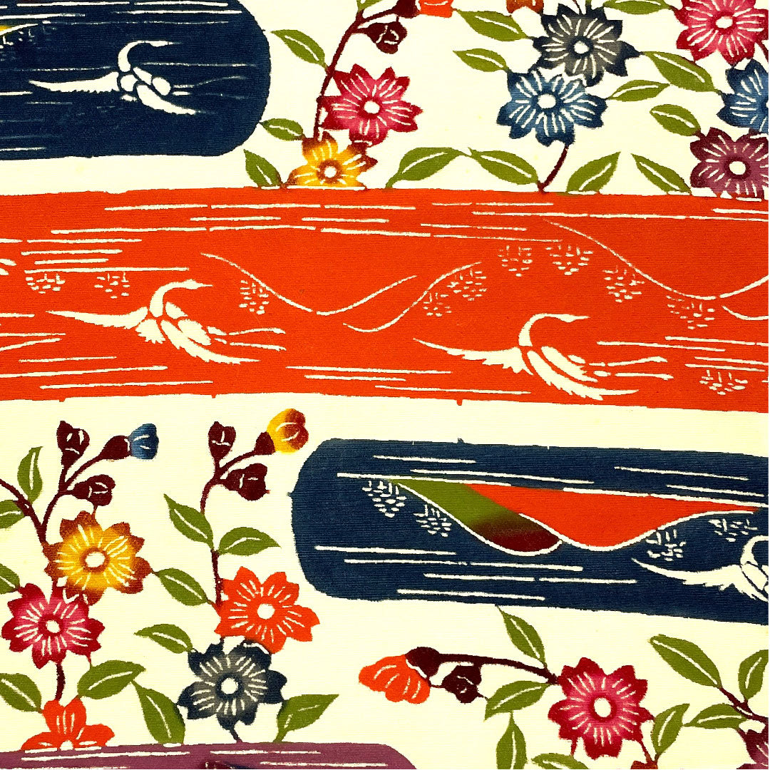 名古屋帯 型染 群鶴に枝花模様 単衣 帯丈311cm 正絹 Bランク 全通 カジュアル クリーム系 1124001404315  名古屋仕立て