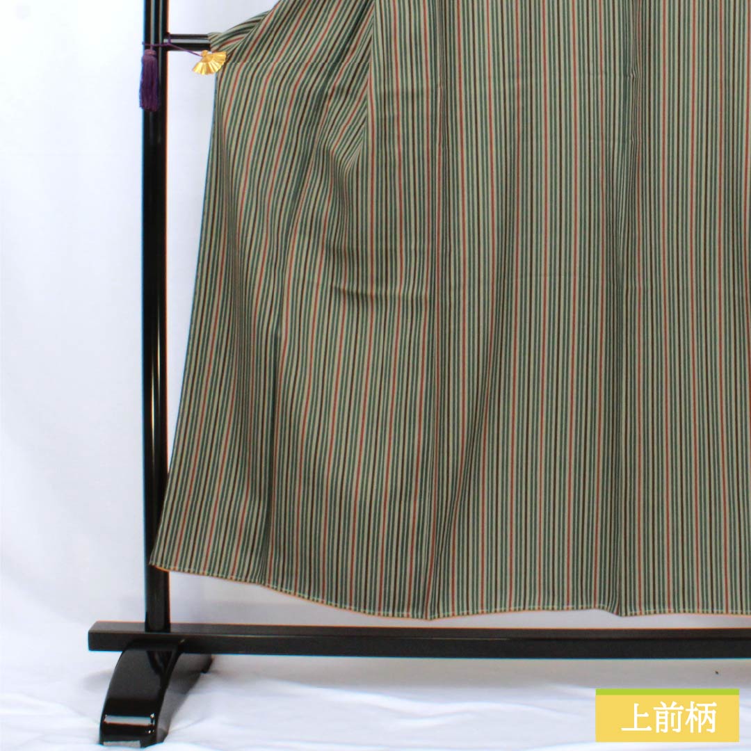 小紋 正絹 Sランク 身丈152cm 裄丈64.5cm 袷 利休鼠色（りきゅうねずみいろ） 縞 しつけ糸付き 緑系 1115007682219