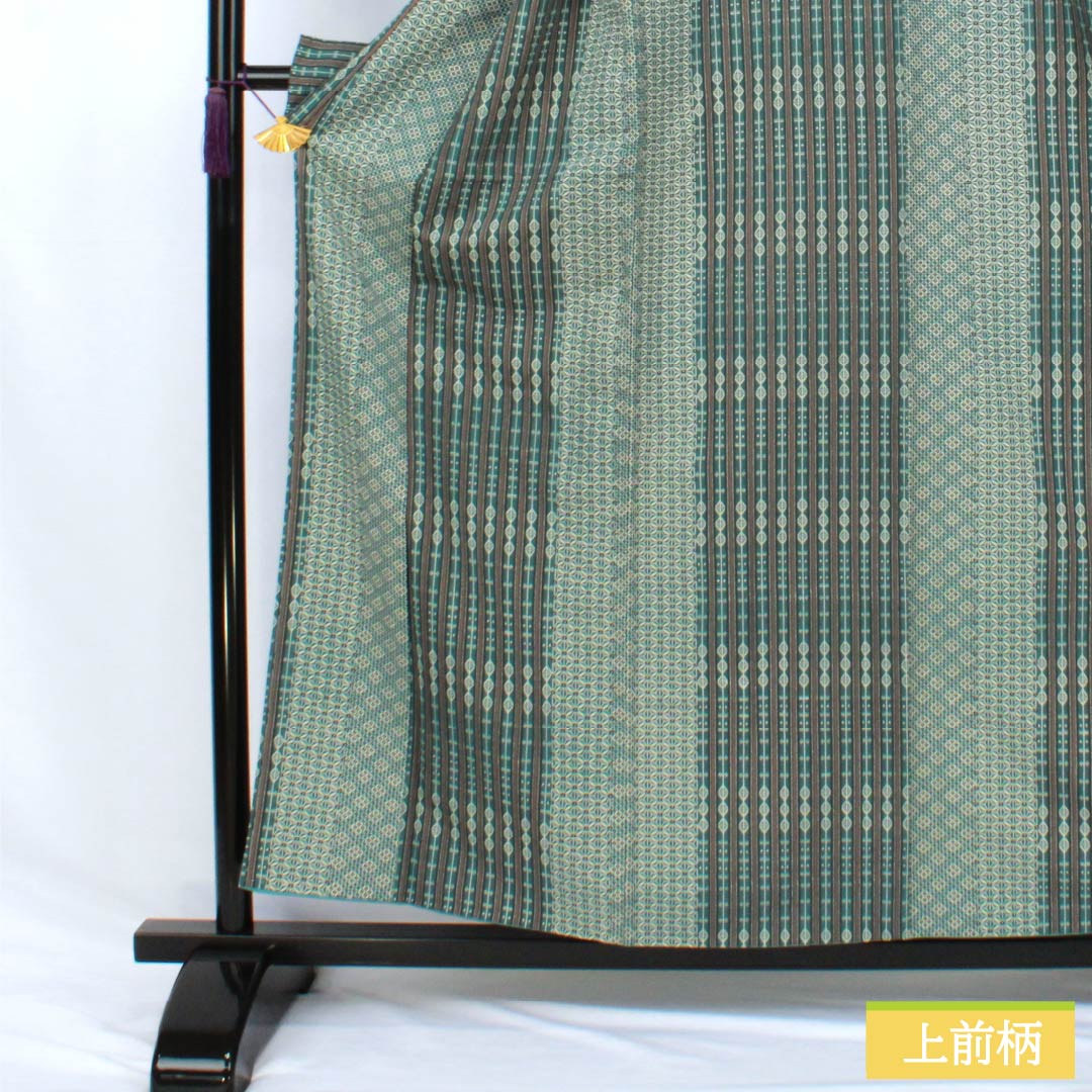 小紋 ポリエステル Sランク 身丈158cm 裄丈65.5cm 袷 胆礬色（たんばいろ） 型染 抽象模様 背抜き仕立て 洗える着物 緑系 1115007932319