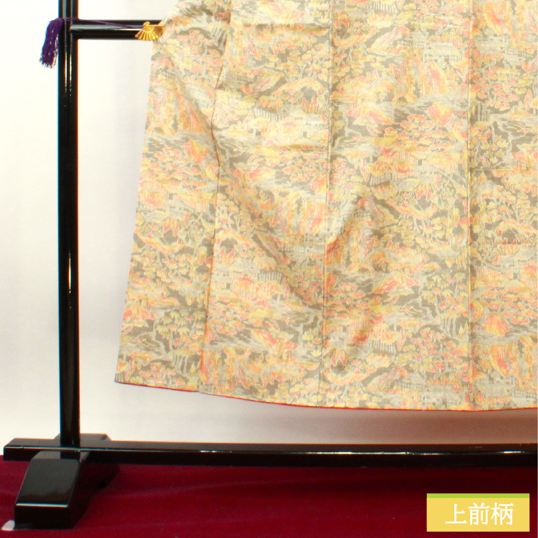 Tsumugi silk, length 150.5cm, sleeve length 62cm, silk grey, landscape pattern, basting thread included, unused, S rank, lined, grey, 1116003402122