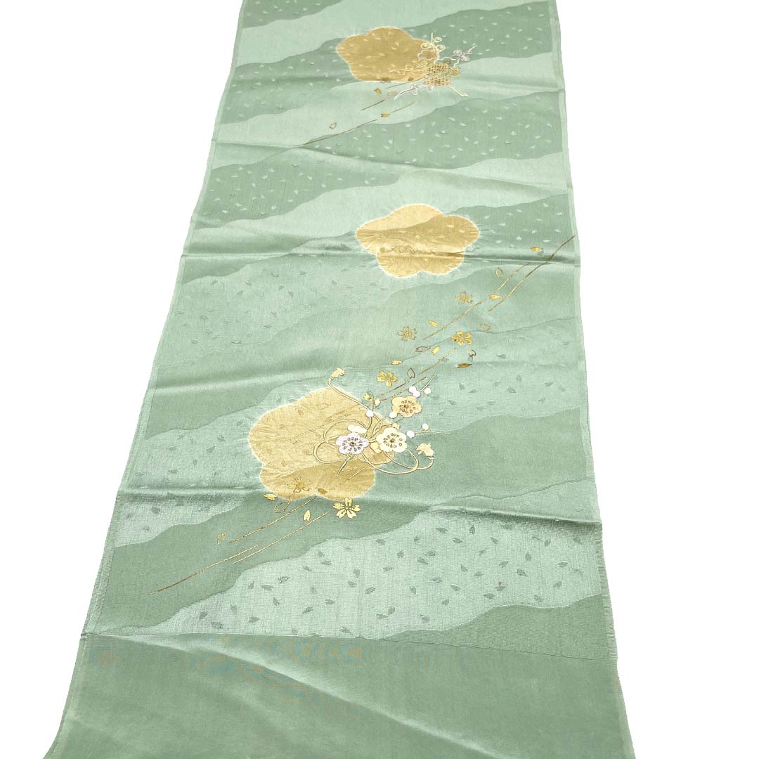 帯揚げ 正絹 Aランク セミフォーマル 青磁色（せいじいろ） 古典柄 桜 絞り 長さ約165cm 幅約29cm 緑系 1136005023919