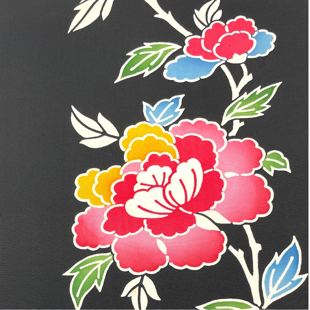 名古屋帯 黒色 型染 草花模様 帯丈370cm 正絹 優品  全通 カジュアル 黒系 1124004323310  名古屋仕立て