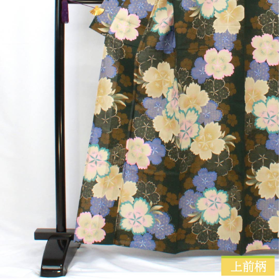 浴衣 木綿 身丈162.5cm 裄丈67cm Sランク 単衣 緑系 暗緑色（あんりょくしょく） 桜 1118006002419