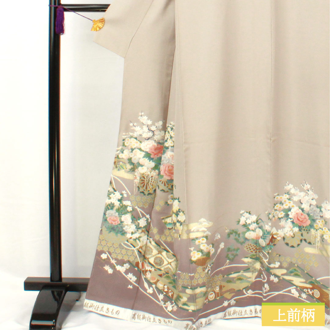 訪問着 正絹 袷 身丈165cm 裄丈66.5cm 小町鼠色（こまちねずいろ） 京友禅 花車 古典柄 しつけ糸付き 未使用品 Sランク グレー系 1112005832522