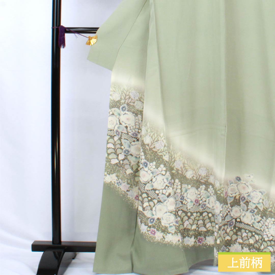 訪問着 正絹 Aランク 袷 身丈163cm 裄丈65.5cm 龍泉青瓷釉色（ロンチュエンチンツーユースーいろ） 京友禅 一つ紋 丸に梅鉢 縫い紋 辻ヶ花 緑系 1112006413419