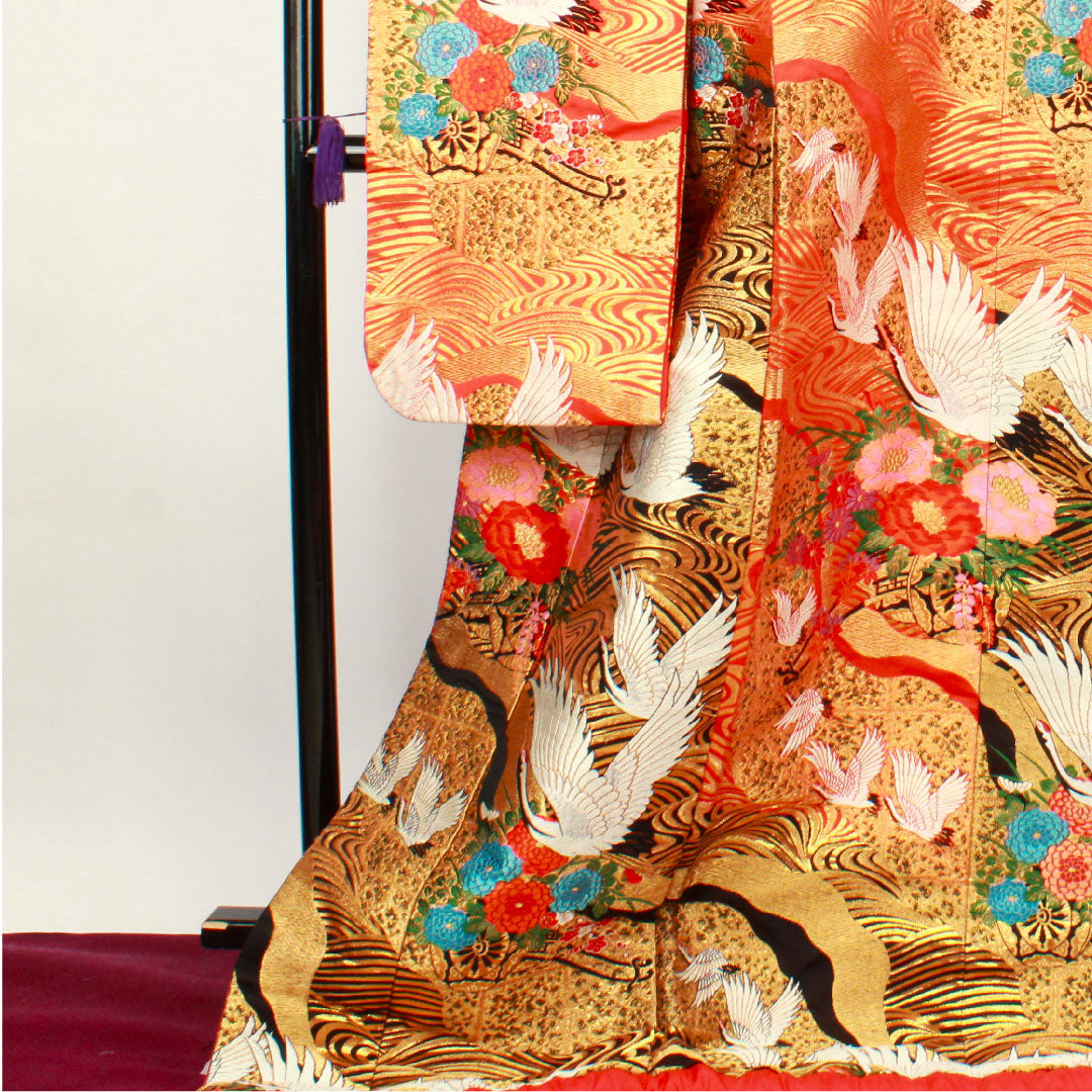 色打掛 身丈191cm  緋色 唐織 流水 鶴 正絹 Sランク 袷 朱系 1110000292916