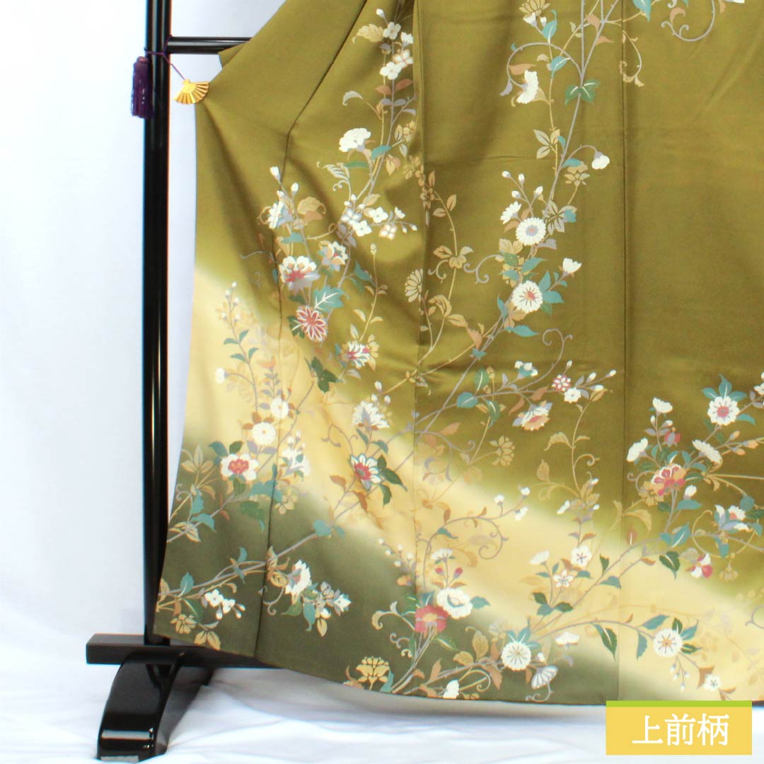 訪問着 正絹 Aランク 袷 身丈162cm 裄丈60.5cm 威光茶色（いこうちゃいろ） 京友禅 草花 緑系 1112007593419