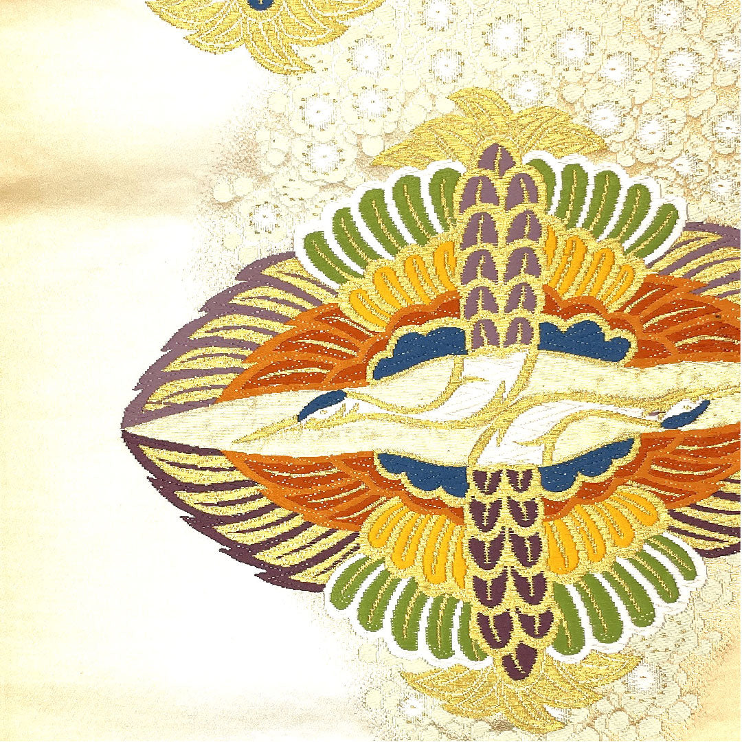 （未仕立）袋帯 向かい鶴 帯丈416cm 正絹 Aランク 六通 フォーマル 金系 1123003693321