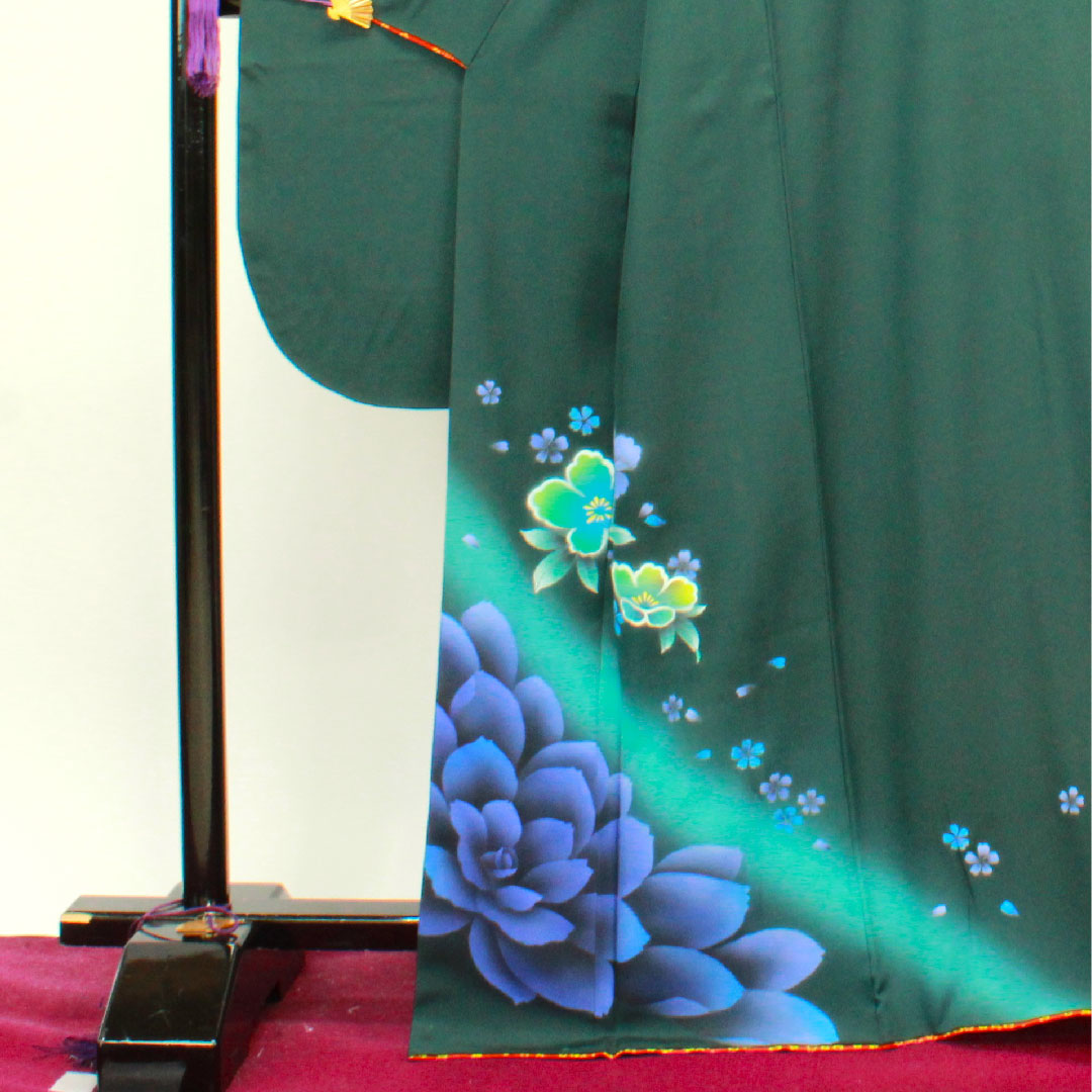 振袖 身丈165cm 裄丈70cm 袷  鉄色 京友禅 花模様  正絹 Aランク 緑系 1113001563519