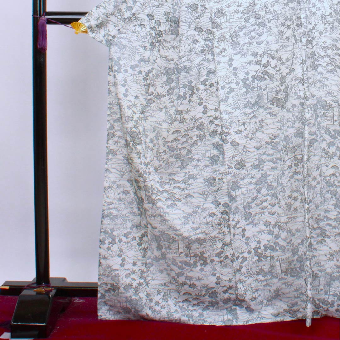夏物 ポリエステル 小紋 身丈168.5cm 裄丈67.5cm 白色 茶屋辻 松竹梅 流水 絽 Aランク 白系 1132000023511