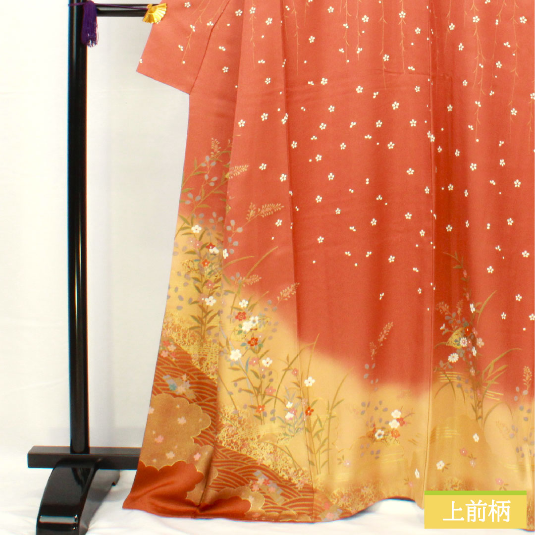 Homongi, pure silk, lined, length 165.5cm, sleeve length 64cm, faded scarlet, Kyoto Yuzen, floral pattern, fan surface, S rank, brown, 1112005512514
