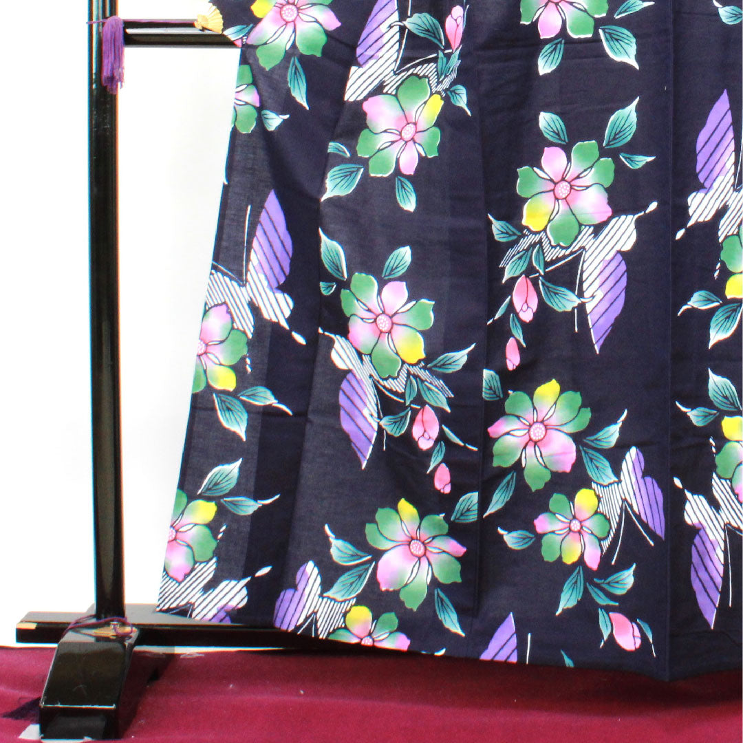 Yukata, dark blue, floral pattern, cotton, S rank, single layer, length 161.5cm, sleeve length 64cm, navy blue, 1118001982418