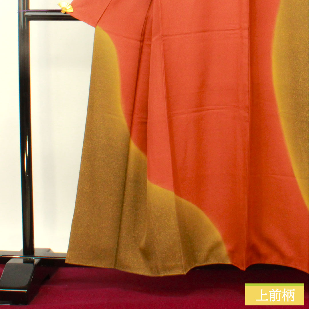 Homongi (formal kimono) made of pure silk, lined, length 158.5cm, sleeve length 65.5cm, sea pine brown, scarlet copper, tapped dye, S rank, gradation style, 1112004832399