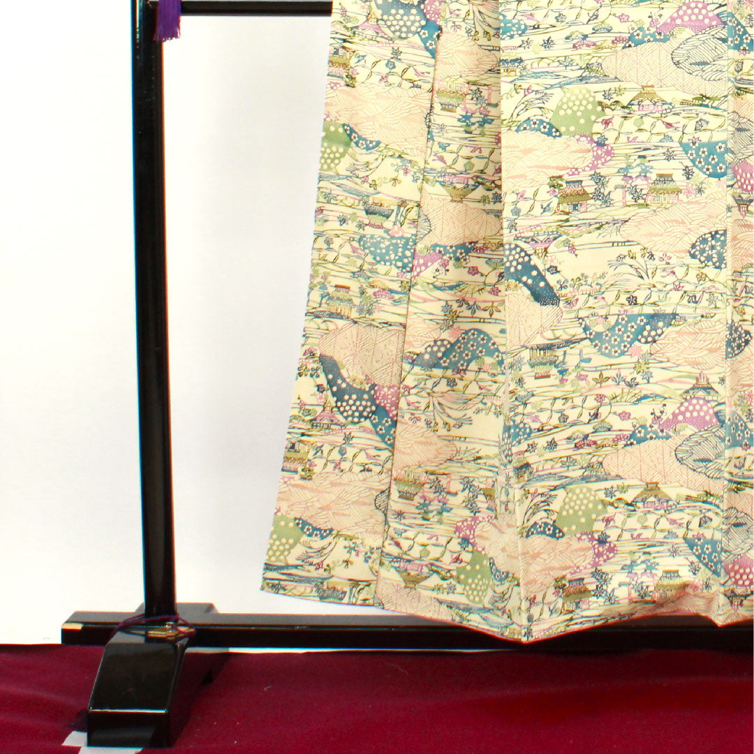小紋 身丈154.5cm 裄丈61.5cm 袷  砥粉色 紅型 風景模様 正絹 Aランク クリーム系 1115003083215