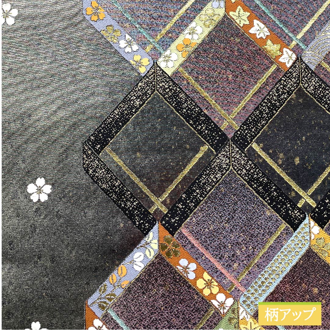 袋帯 正絹 消炭鼠色（けしずみねずみいろ） 市松違献上 うるし箔 小桜 紅葉 帯丈445cm Sランク 六通 セミフォーマル 銀系 1123011392322