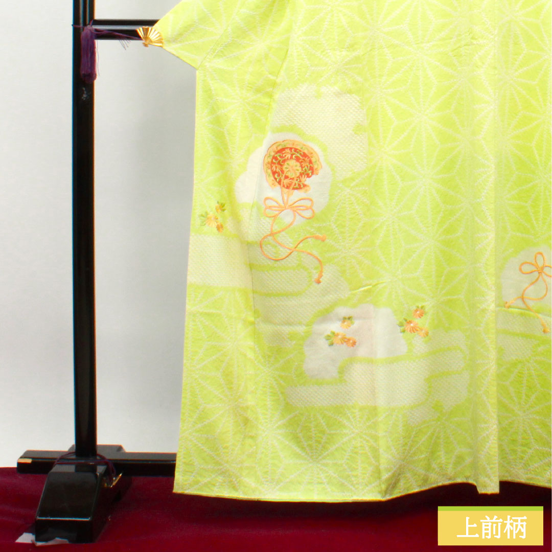 訪問着 正絹 袷 身丈162.5cm 裄丈62cm 若芽色 刺繡 絞り 麻の葉 Aランク 緑系 1112003433419