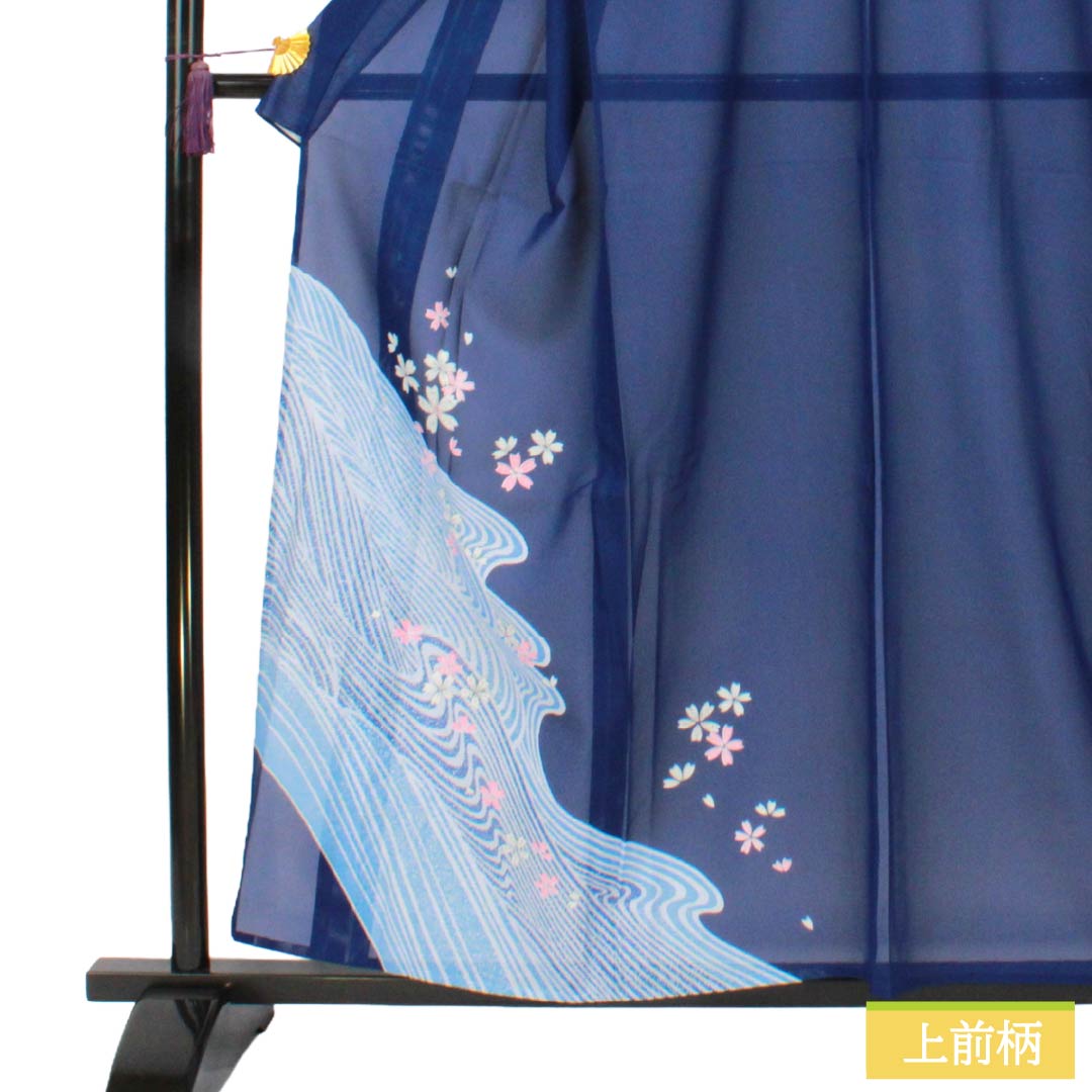 夏物 ポリエステル 付下げ Sランク 身丈158cm 裄丈69cm 紺桔梗色（こんききょういろ） 洗える着物 波 桜 絽 紺系 1132007102318