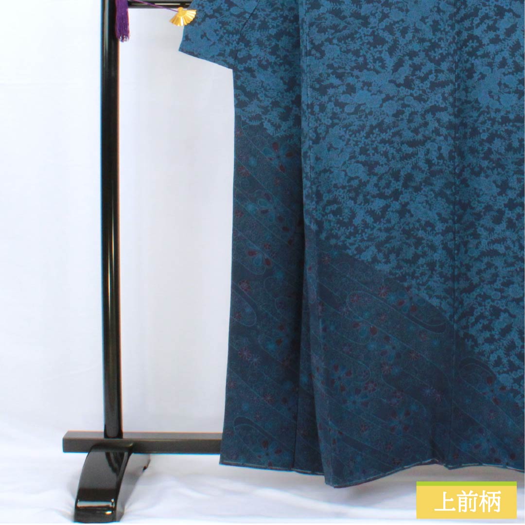 Homongi (formal kimono) made of pure silk, length 159cm, sleeve length 62cm, lined, dark navy blue, stencil-dyed, all-flower pattern, A rank, navy blue, 1115005403318