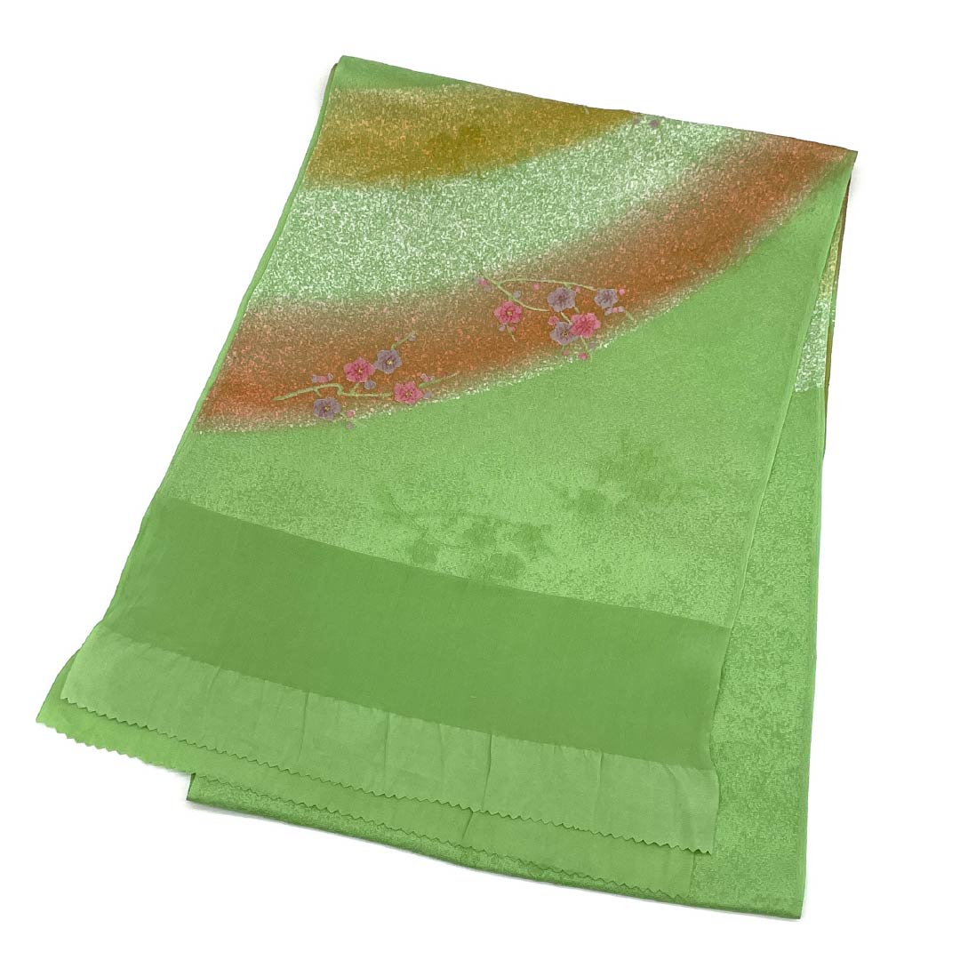 Semi-formal obiage (sash sash), pure silk, S-rank, light green, plum blossom print, classic dyed pattern, approximately 164cm long, 29cm wide, green, product number 1136001922919