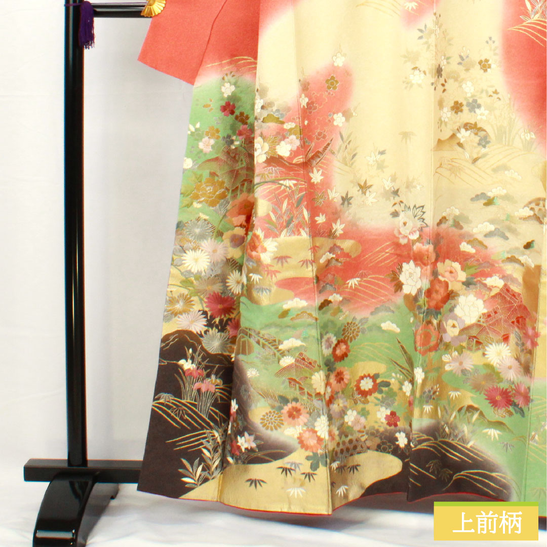 訪問着 正絹 袷 身丈160cm 裄丈63cm 珊瑚色（さんごいろ） 京友禅 刺繡 吉祥文様 Aランク ピンク系 1112005423413