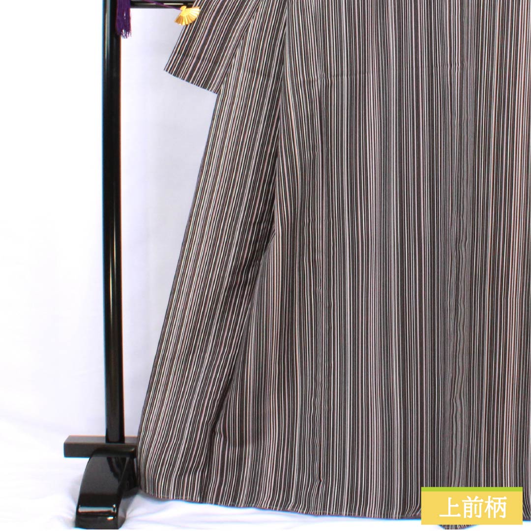 小紋 ポリエステル 身丈167.5cm 裄丈67cm 袷 縞 洗える着物 しつけ糸付き Sランク 黒系 1115005512510