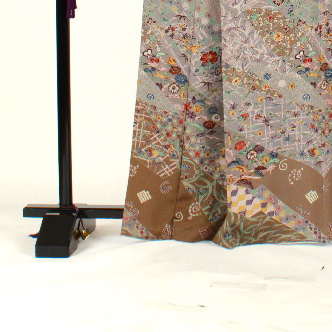 訪問着 袷 身丈165.5cm 裄丈66cm 京紅型 源氏香 草花模様 正絹 Aランク グレー系 1112001453522