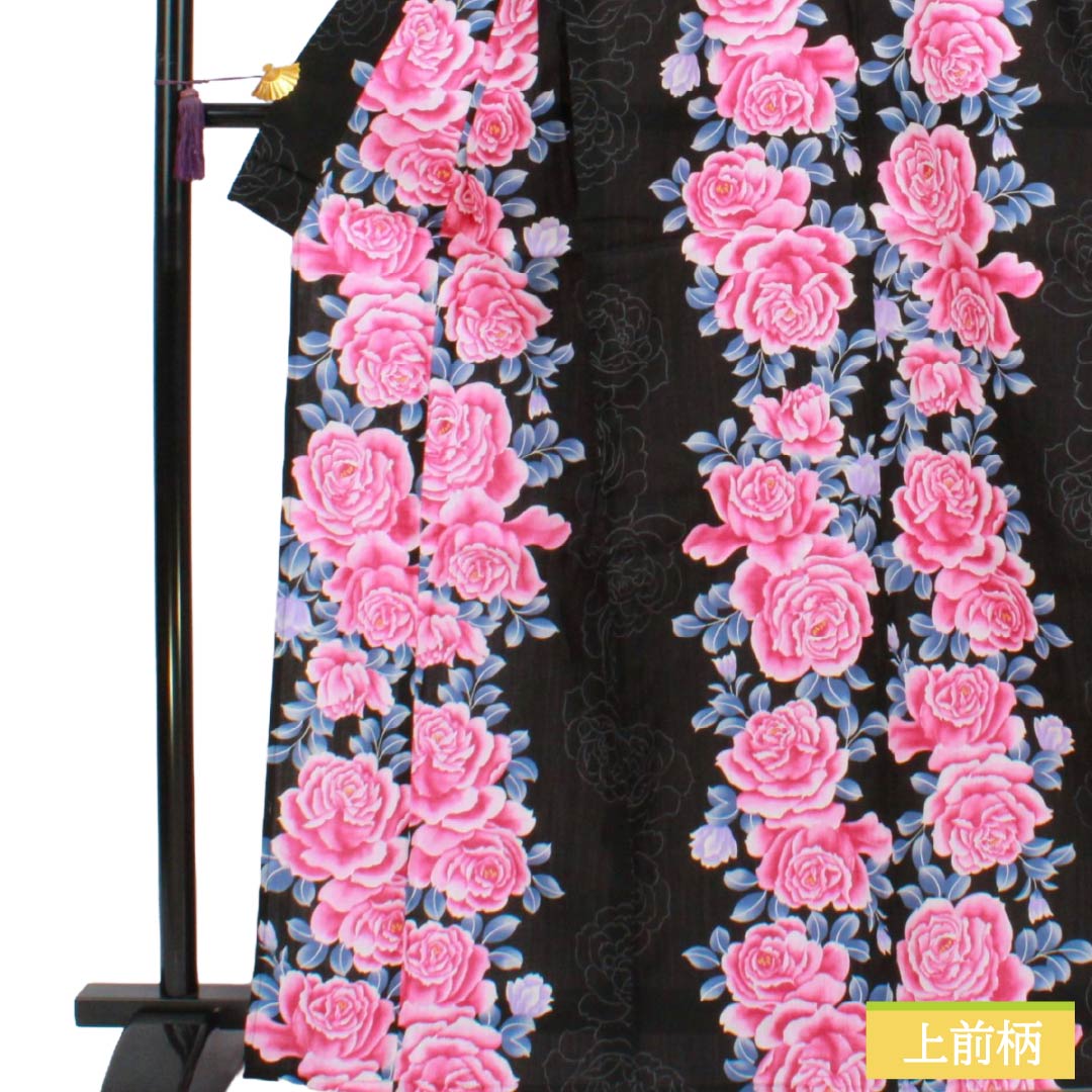 浴衣 木綿 Sランク 身丈167cm 裄丈65.5cm 薔薇 単衣 黒系 1118007372510