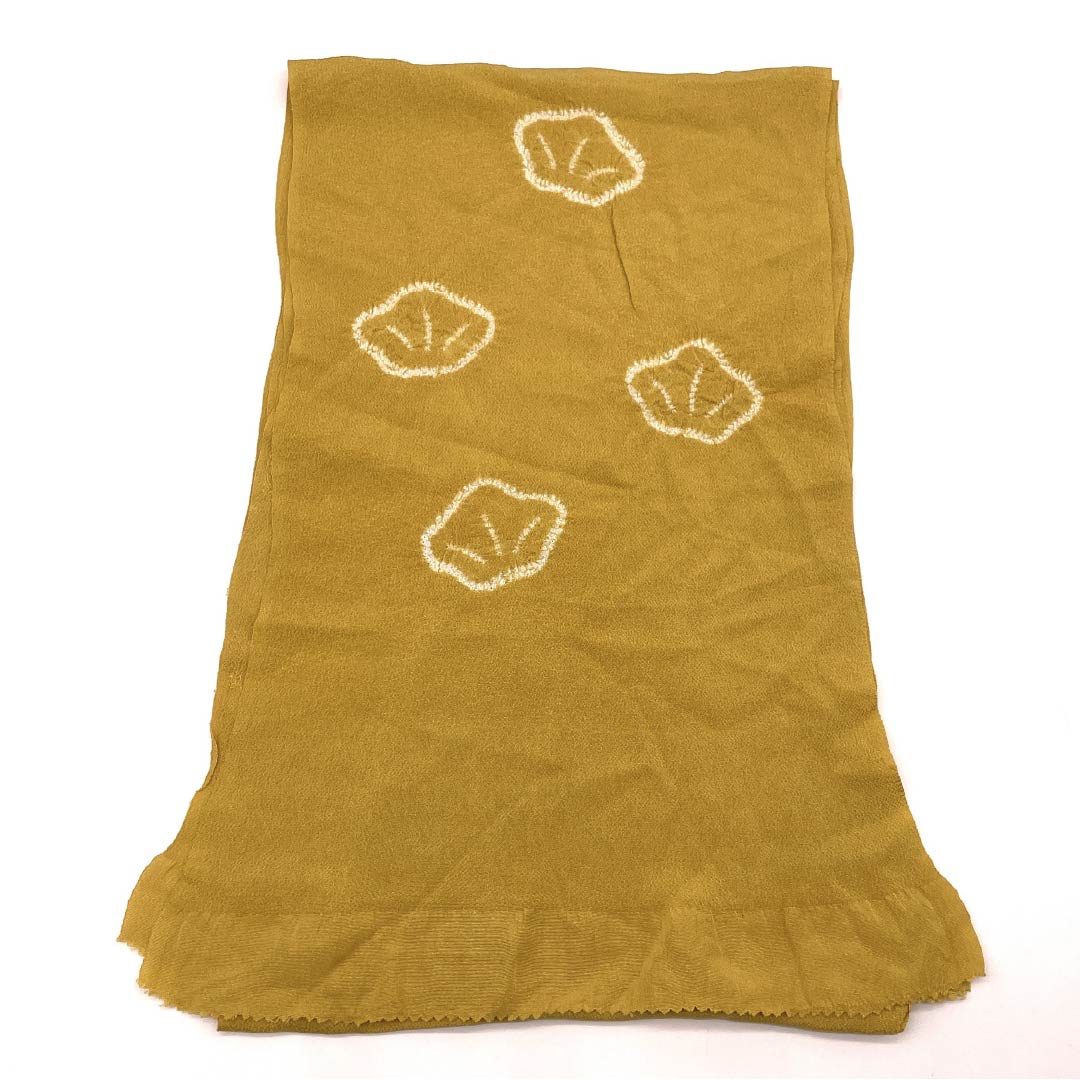 帯揚げ 正絹 セミフォーマル 黄土色（おうどいろ） 絞り 梅 花柄 長さ約172cm 幅約24.5cm Sランク 黄系 1136000612923