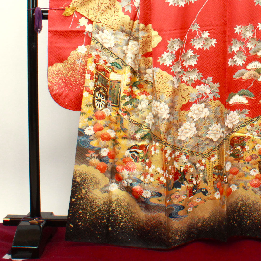 振袖 身丈163.5cm 裄丈67.5cm 袷  甚三紅色 京友禅 御所車 吉祥文様 作家物  正絹 Aランク 朱系 1113001623416