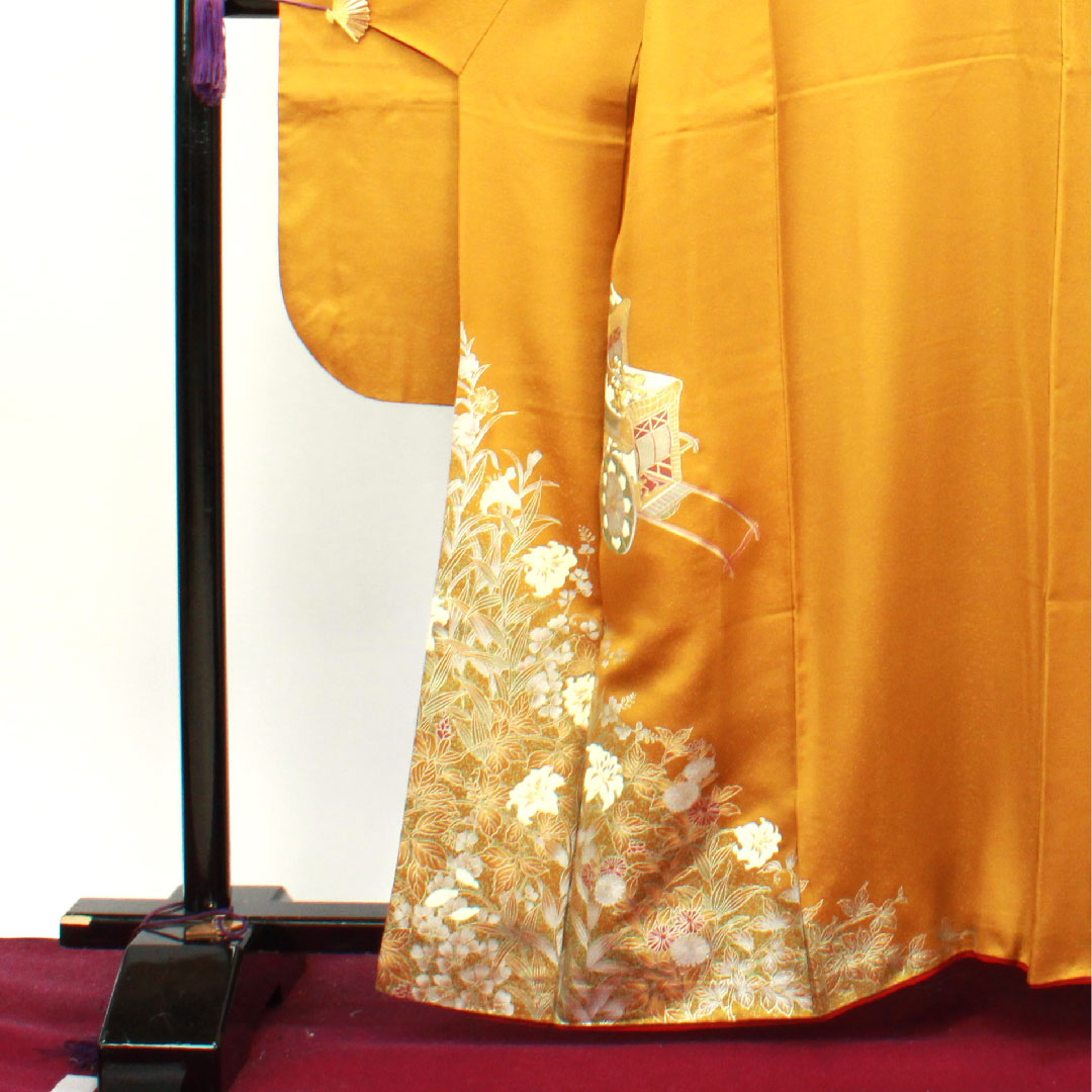 振袖 正絹 Sランク 身丈161cm 裄丈67cm 袷 黄茶色（きちゃいろ） 京友禅 御所車 草花模様   黄系 1113002352423